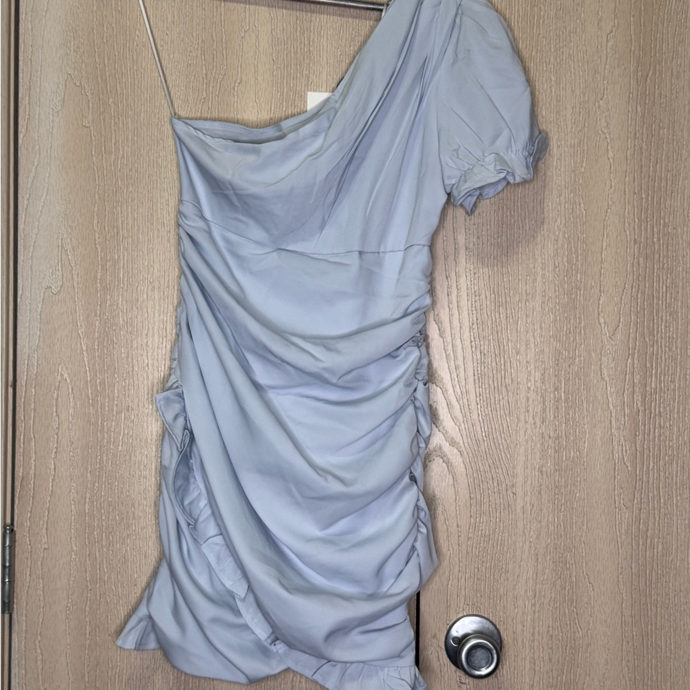 Hello Molly Light Blue Ruched One-Shoulder Dress - Picture 6 of 13